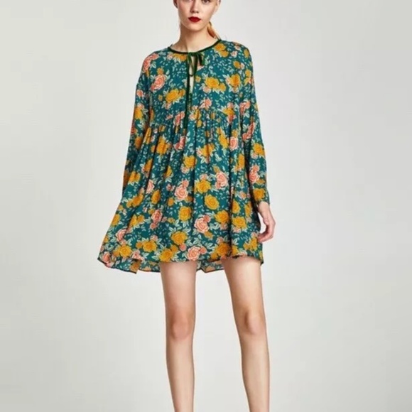 Zara Pants - Zara Floral Long Sleeve Romper in Green with Velvet Tie Women's XS